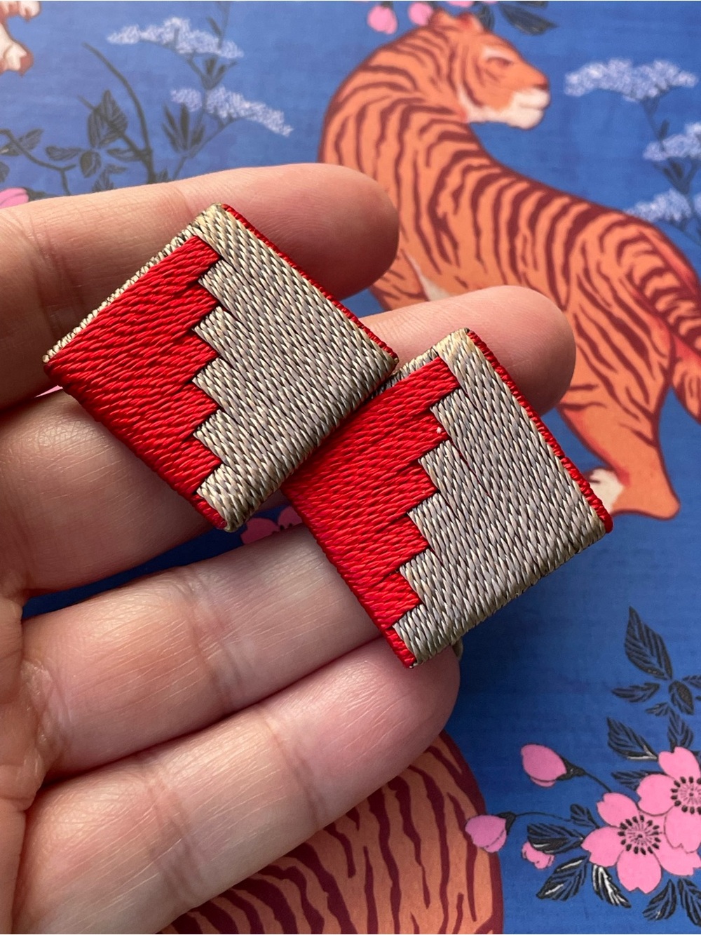 Bold vintage/modern scarlet red & taupe embroidery style post earrings